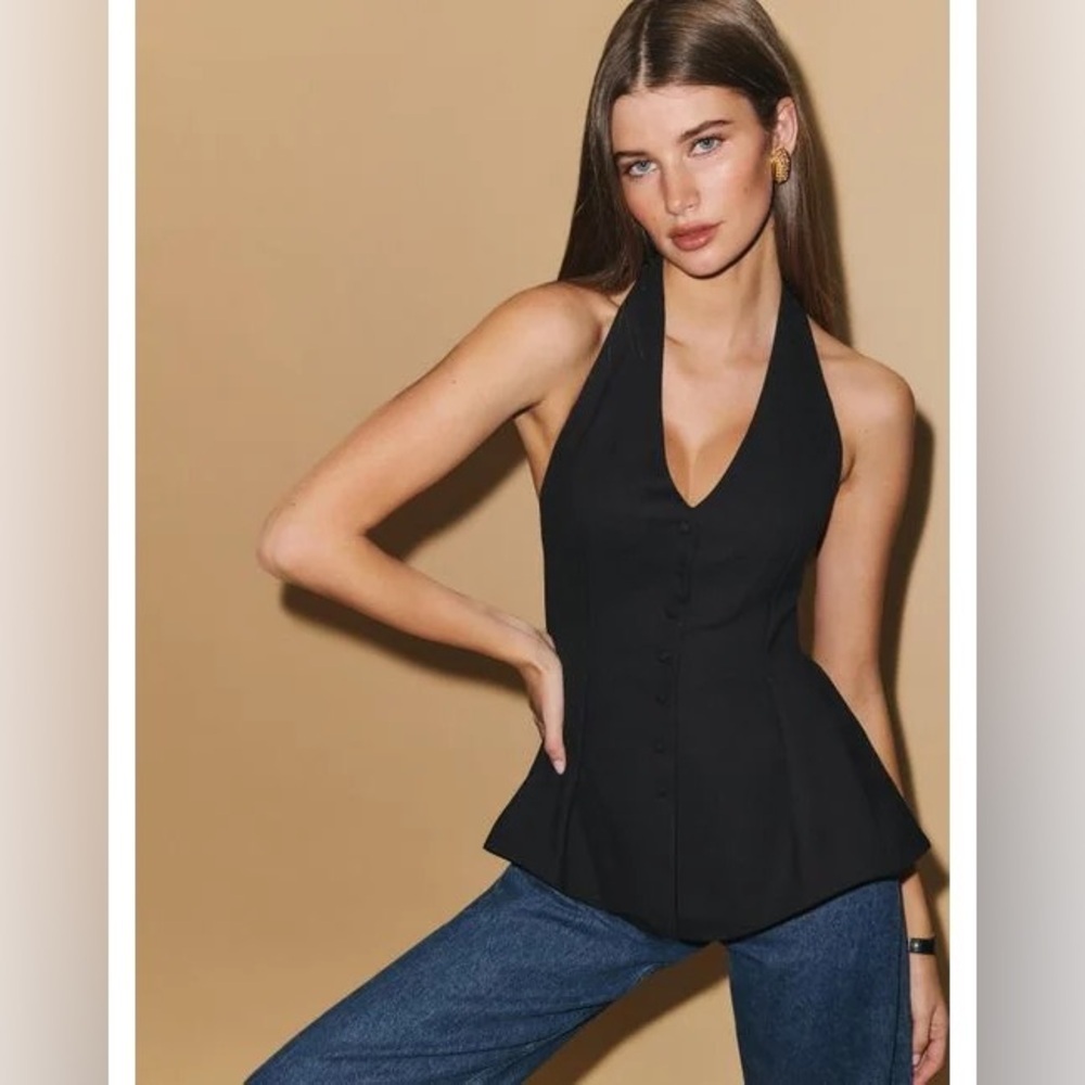 new Reformation Auli pleated button halter top in black